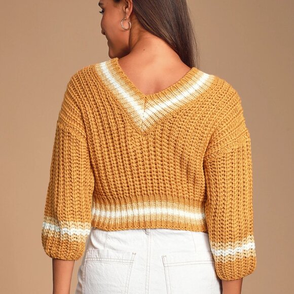 Sage Avery Mustard Yellow and White Striped Cropped Knot Sweater - Size Medium - Picture 6 of 6